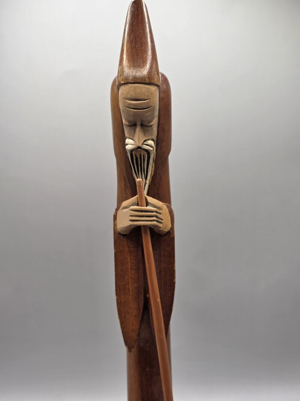 Vintage Hand Carved Wood Wizard Statue 15" Monk Robed Staff Mid Century Modern